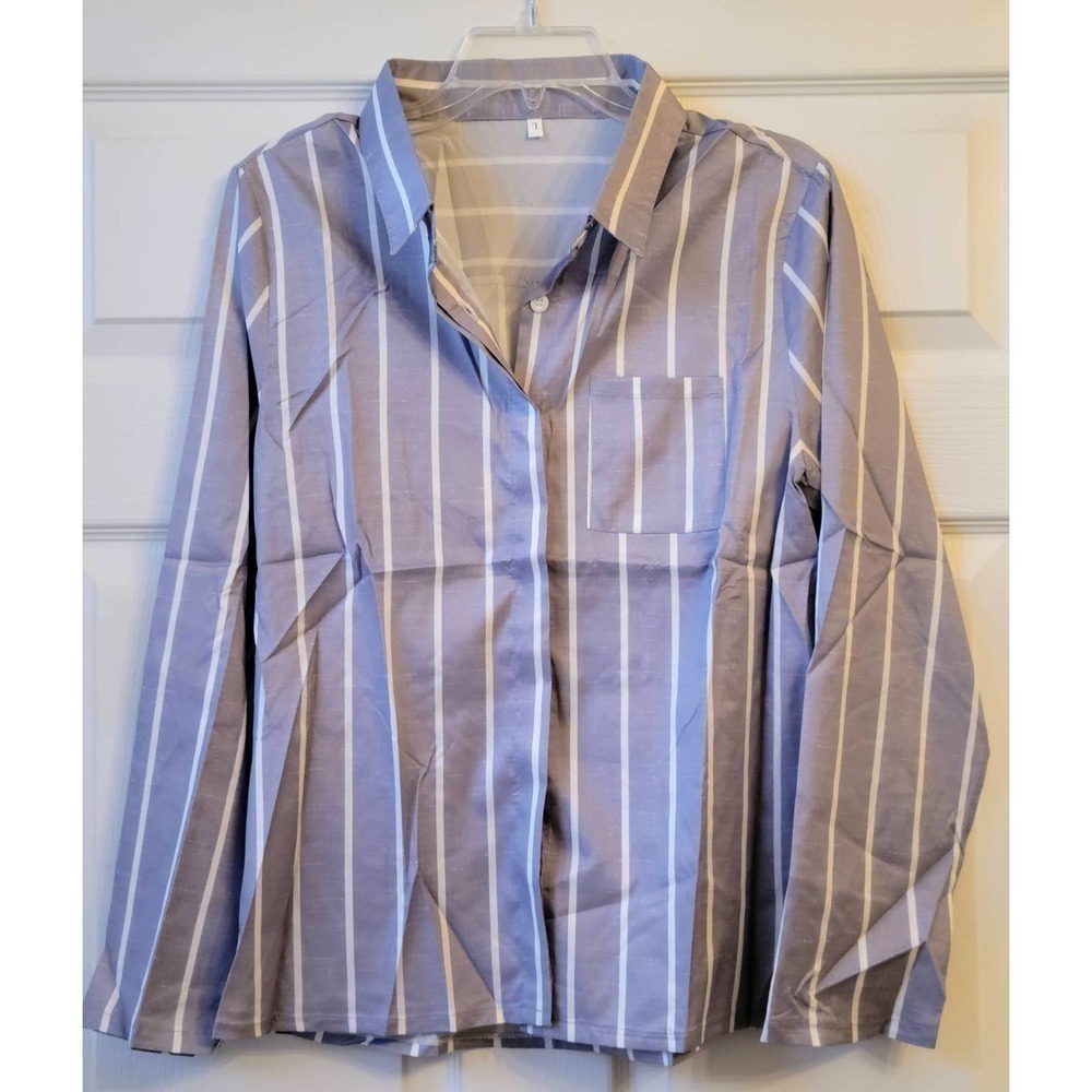 Gray White Striped Button Down Shirt Large Long Sleeve